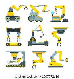 Robotic hands for machine industry. Illustrations of mechanical industrial equipment. Robot machine technology industry, mechanical robotic arm machinery vector