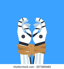 robotic hands tied with rope vector illustration