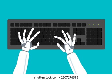 manos robóticas usando tecleo en teclado de computadora inteligencia artificial hacker ataque ilustración vectorial