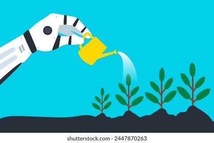 manos robóticas regando Pequeña Guardar Ilustraciones vectoriales plantas en la tierra