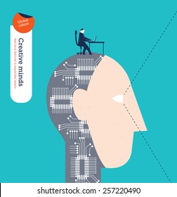 Robotic head with businessman and laptop. Vector illustration Eps10 file. Global colors. Text and Texture in separate layers.