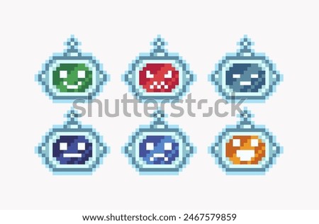 Robotic head emotions pixel art set. Bot expressions collection. 8 bit. Game development, mobile app. Isolated vector illustration. 