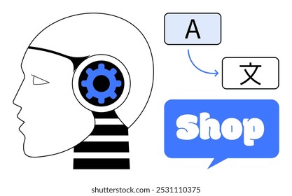 Cabeça robótica com engrenagem na orelha e símbolos de linguagem representando a tradução. Bolha de fala azul com a palavra Shop. Ideal para IA e aprendizagem de máquina, tradução de idiomas, e-commerce, tecnologia avançada