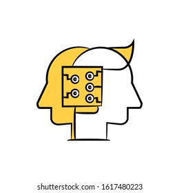 robotic head and human head with microchip for artificial intelligence  concept