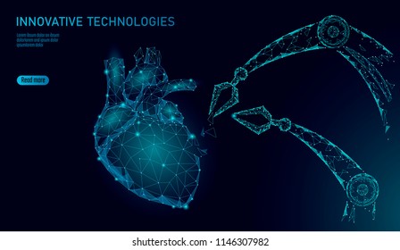 Robotic Heart Surgery Low Poly. Polygonal Cardiology Surgery Procedure. Robot Arm Manipulator. Modern Innovative Medicine Science Automation Technology. Triangle 3D Render Shape Vector Illustration