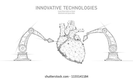 Robotic Heart Surgery Low Poly. Polygonal Cardiology Surgery Procedure. Robot Arm Manipulator. Modern Innovative Medicine Science Automation Technology. Triangle 3D Render Shape Vector Illustration