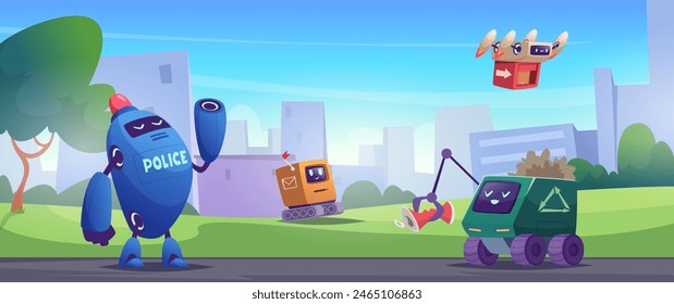 Robotic help. Smart computer assistants people help exact vector cartoon background illustration