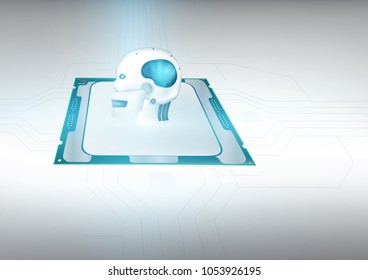 Robotic human with an Artificial Intelligence brain is displaying on microchip. Futuristic design concept. Abstract digital and technology background. Vector Illustration.