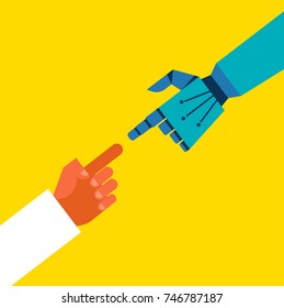 Robotic and human hands connection, communication concept illustration