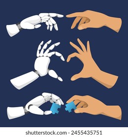 Robotic and human hands set vector isolated. Hand showing heart shape, fingers pointing at each other and holding puzzle pieces. Concept of future technology and artificial intelligence.