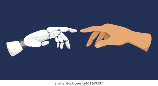 Robotic and human hands vector isolated. Fingers pointing at each other. Concept of future technology and artificial intelligence.