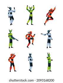 Robotic human. Humanoid in action poses scifi smart technological person in steel armor garish vector robotic character