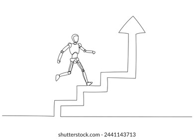 Figura robótica o humanoide que asciende escalones hacia arriba, simbolizando el progreso tecnológico, la superación personal y la superación de desafíos a través de esfuerzos incrementales