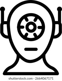  Cabeza robótica o humanoide con un ojo en forma de engranaje, que simboliza la precisión mecánica y la visión de la IA. conjunto de íconos de Vector original basado en el concepto generado por la IA, completamente redibujado a mano con una herramienta de lápiz.