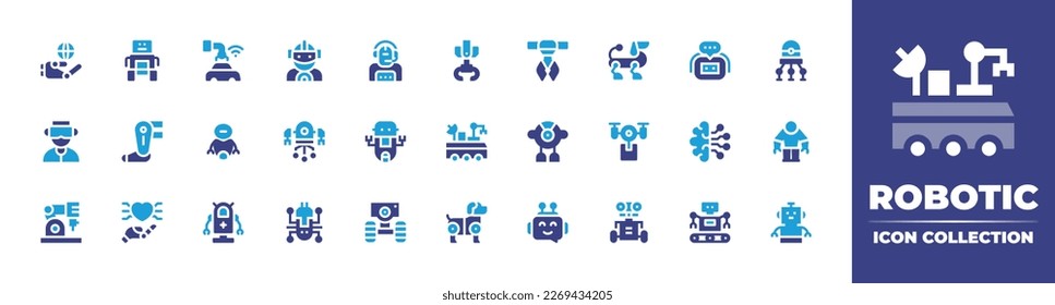 Robotic icon collection. Duotone color. Vector illustration. Containing robot, car manufacturing, superhero, intelligent assistant, mechanical arm, claw, robot dog, chatbot, nanobot.