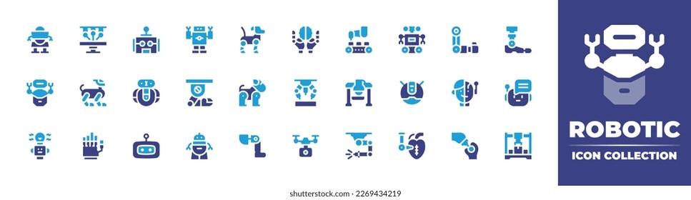 Robotic icon collection. Duotone color. Vector illustration. Containing robot, robotic surgery, robotic dog, artificial intelligence, industrial robot, robotic arm, robot leg, robot dog.