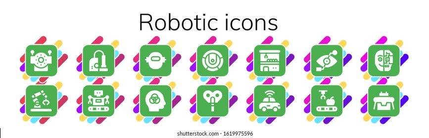 robotic icon set. 14 filled robotic icons.  Simple modern icons such as: Robot, Vacuum, Intelligence, Automaton, Claw machine, Autonomous car, Bionic eye, Mechanical arm, Cyborg