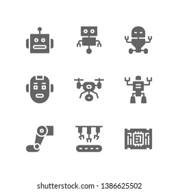 Robotic icon set including robot, cyborg, machine, drone, toy, leg, futuristic, conveyor, technology, artificial intelligence