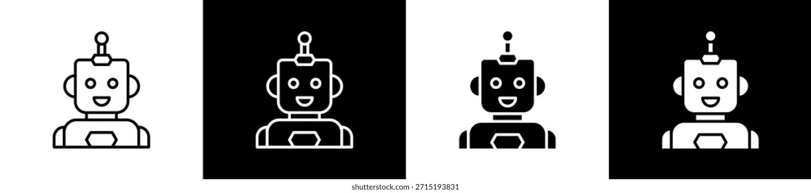 Conjunto de iconos robóticos en línea y estilo de glifo sobre fondo blanco y negro