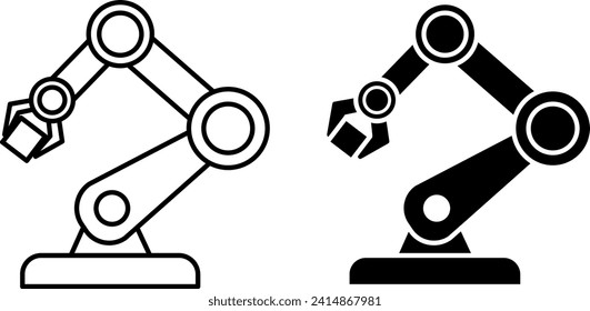 Robotersymbole. Schwarz-Weiß-Symbole. Vektorgrafik eines industriellen Roboterarms. Technologiekonzept