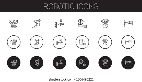 robotic icons set. Collection of robotic with robot, industrial robot, artificial intelligence. Editable and scalable robotic icons.