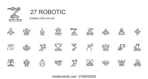 conjunto de iconos robóticos. Colección de robots con robots, robots industriales. Iconos robóticos editables y escalables.
