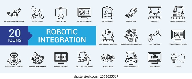 Robotic Integration icon collection set with autonomous navigation, sensor fusion, vision system, actuator control, path planning, robotic arm, assembly, industrial robotic, industrial automation