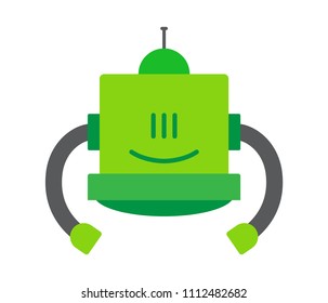 Robotic intellect, robot that has friendly face and green color of body, creature with long hands, vector illustration isolated on white background.