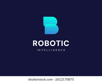 Robotic intelligence with overlapping transparent letter B shapes technology Analysis logo vector design concept. AI technology logotype symbol for advance technology, tech company, ui, innovation.