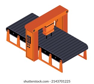 Robotic isometric manipulator. Logistics and sorting of goods on conveyor belt and modern technologies. Manufacture of goods and special parts, development of company. Cartoon 3D vector illustration