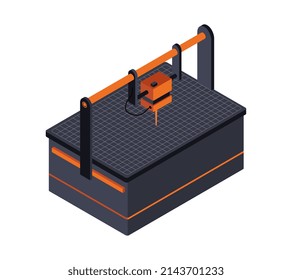 Robotic Isometric Manipulator. Special Device For Marking Products, Automation Of Production And Conveyor. Innovations In Company To Reduce Cost Of Manufacturing Goods. Cartoon 3D Vector Illustration