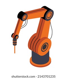 Robotic isometric manipulator. Technology for applying small inscriptions on iron, automation of production processes with modern technologies. Company innovation. Cartoon 3D vector illustration
