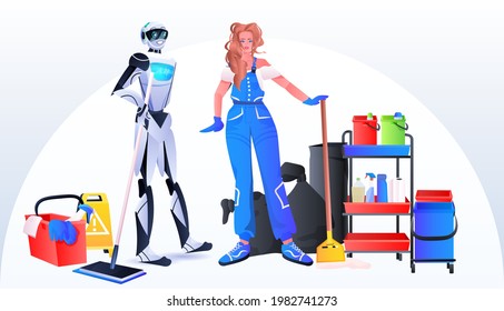 robotic janitor with woman cleaner robot vs human standing together cleaning service artificial intelligence technology