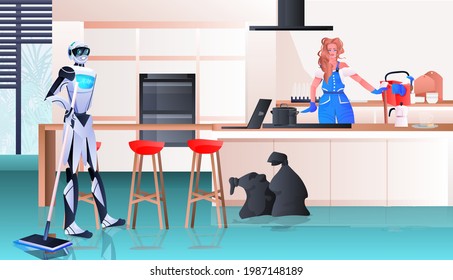 robotic janitor with woman cleaner robot vs human working together cleaning service artificial intelligence technology