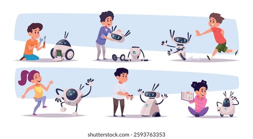 Robotic kids. Education services for little characters androids connected with kids exact vector flat concept illustration