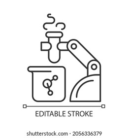 Robotic lab assistance linear icon. Automated laboratory assistant. Lab automation solution. Thin line customizable illustration. Contour symbol. Vector isolated outline drawing. Editable stroke