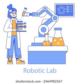Robotic Lab concept. A scientist collaborates with automated robotics to conduct advanced research. Science and AI merging for breakthroughs. Vector illustration.