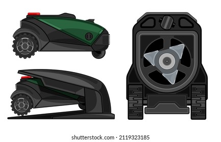 robotic lawn mower realistic cartoon isolated white background