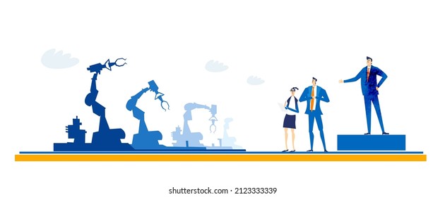 Robotic line. Business people and robot, people working with artificial intelligence, robots help people create things. 