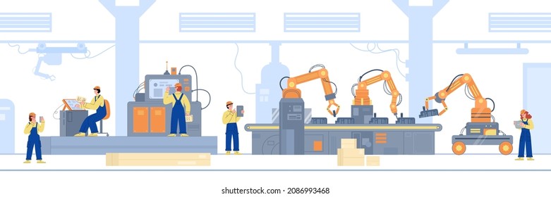 Robotic line with robot arms and conveyor belt, flat cartoon vector illustration isolated on white background. Smart factory automation and industry 4.0 banner.