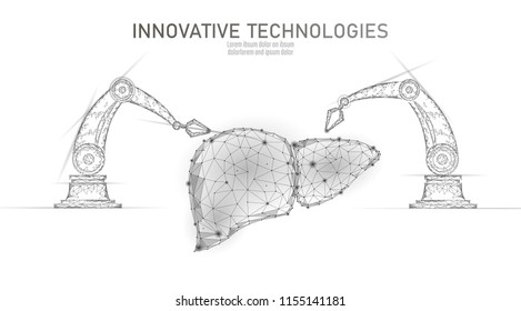Robotic liver surgery low poly. Polygonal hepatitis surgery procedure. Robot arm manipulator. Modern innovative medicine science automation technology. Triangle 3D render shape vector illustration