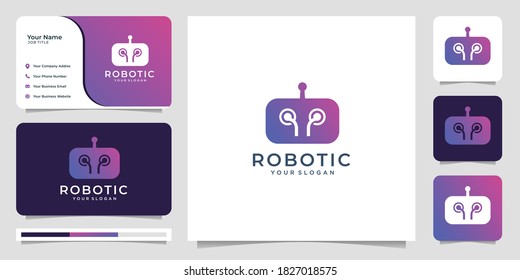 robotic logo design template with business card.premium vector