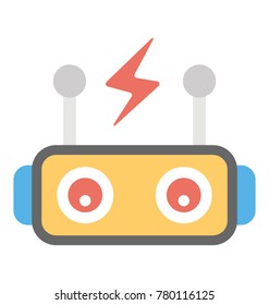 A robotic machine with charge sign symbolising machine power, flat icon