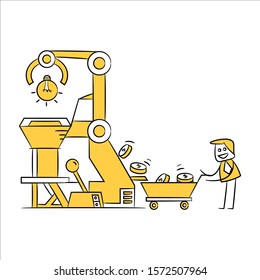 robotic machine making money from creative idea light bulb yellow hand drawn