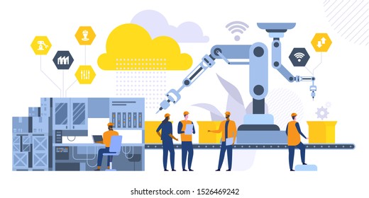 Robotic Machinery Flat Vector Illustration. Factory Workers, Engineers Cartoon Characters. High Tech Manufacturing Technologies. Coworkers Standing Near Assembly Line. Industrial Revolution Concept