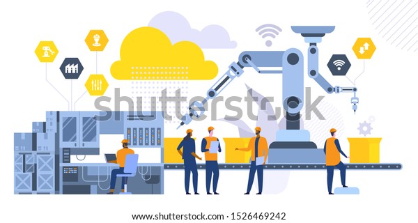 Robotic machinery flat vector illustration.\
Factory workers, engineers cartoon characters. High tech\
manufacturing technologies. Coworkers standing near assembly line.\
Industrial revolution\
concept