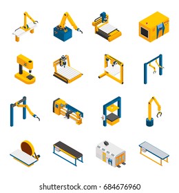 Robotic machinery isometric icons set with technology symbols isolated vector illustration