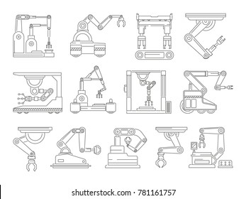 Robotic machines for production. Mono line vector pictures set. Machine mechanical industrial hand, linear technical technology manufacturing illustration