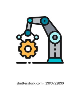 Robotic manipulator arm with cogwheel, working mechanism, production line flat color icon.