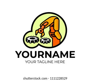 Robotic manipulator arm and cogwheels or gears, logo template. Handling robot and robotization, vector design. Industrial mechanical arm, illustration